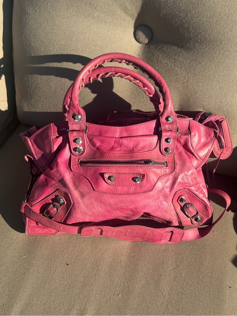 Stylish Pink Leather Shoulder Bag with Top Handles